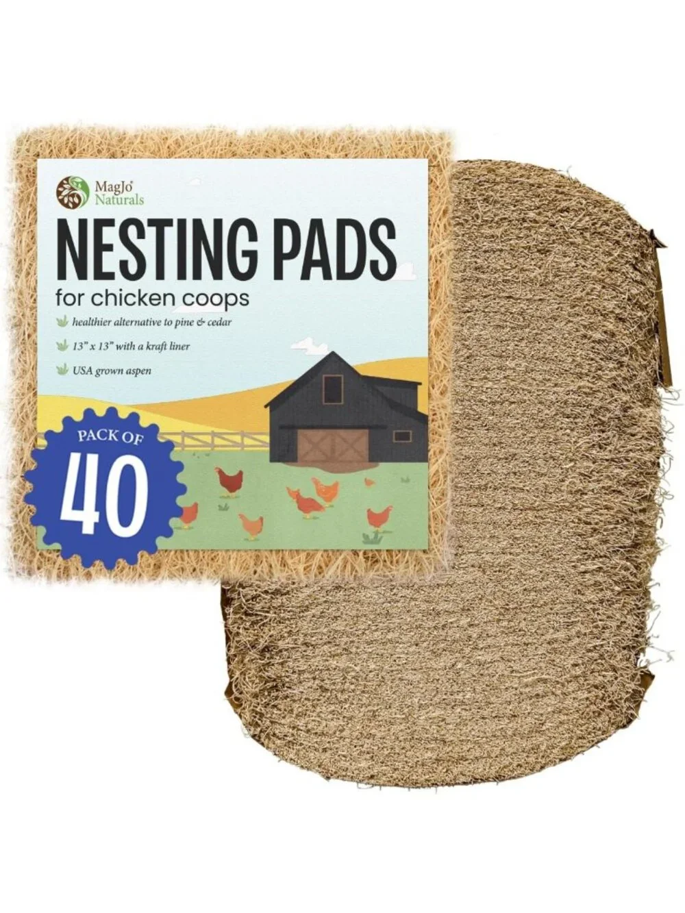 Coop Nesting Pads for Chickens - USA Grown Aspen Excelsior Liners, 13x13, 40